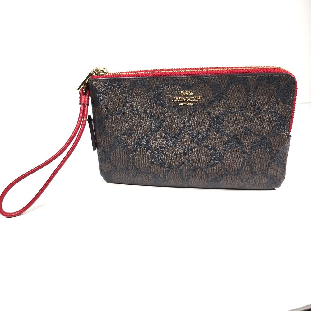 Coach Signature Double Zip Wristlet Wallet Brown Canvas Red Trim Leather
